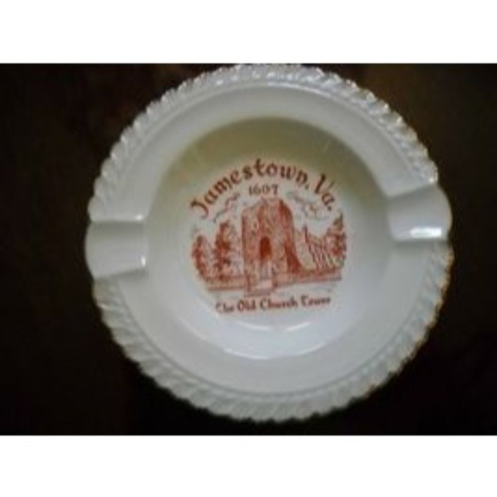 Vintage Jamestown Va 1607 The Old Church Tower Ashtray Gold Trim Porcelain
